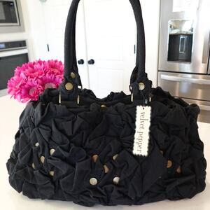 Velvet Pepper Ruche Black Fabric Duffle / Weekender style Purse / bag NWT